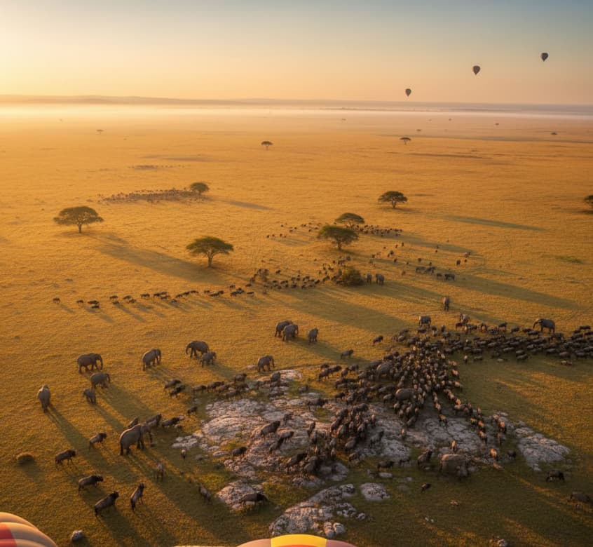 Hot-air balloon safari at sunrise over Tanzanian savannah with wildlife below