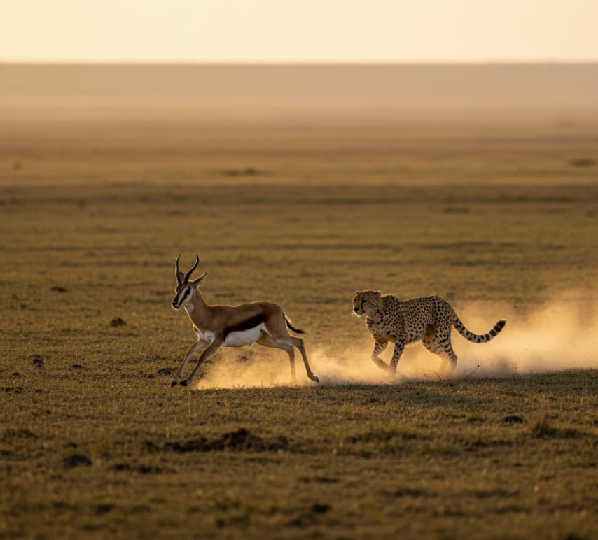 Cheetah sprinting to hunt a Thomson’s gazelle across Tarangire grasslands, Tanzania