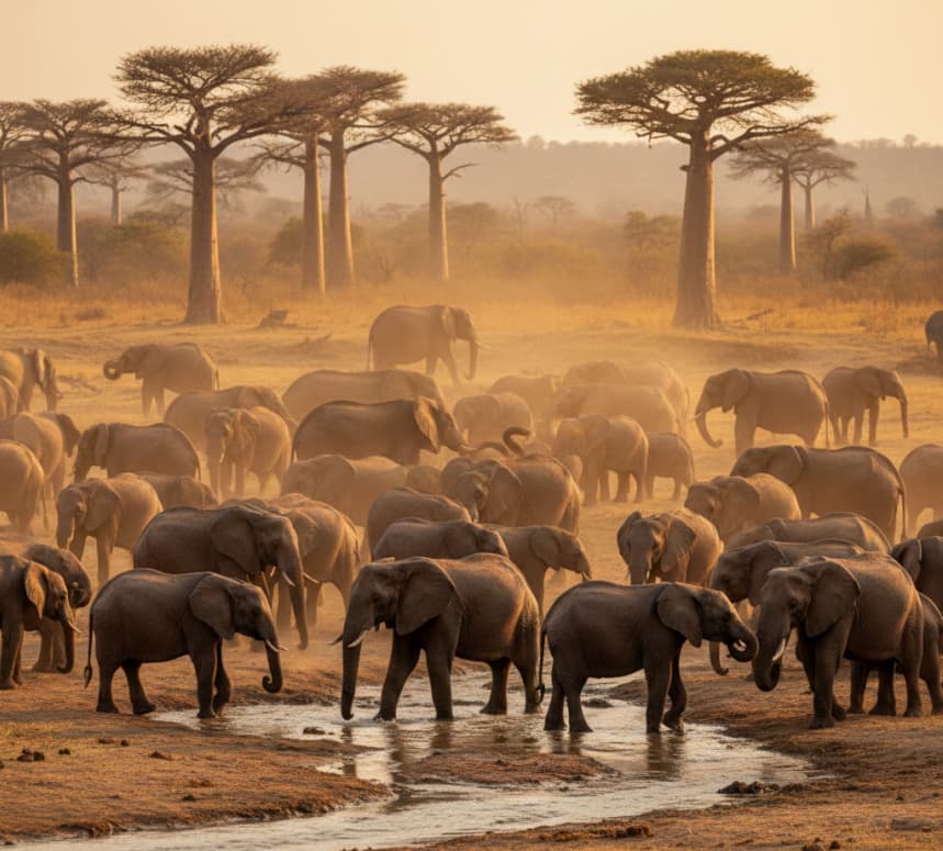 Large herd of African elephants near ancient baobab trees in Tarangire National Park, Tanzania