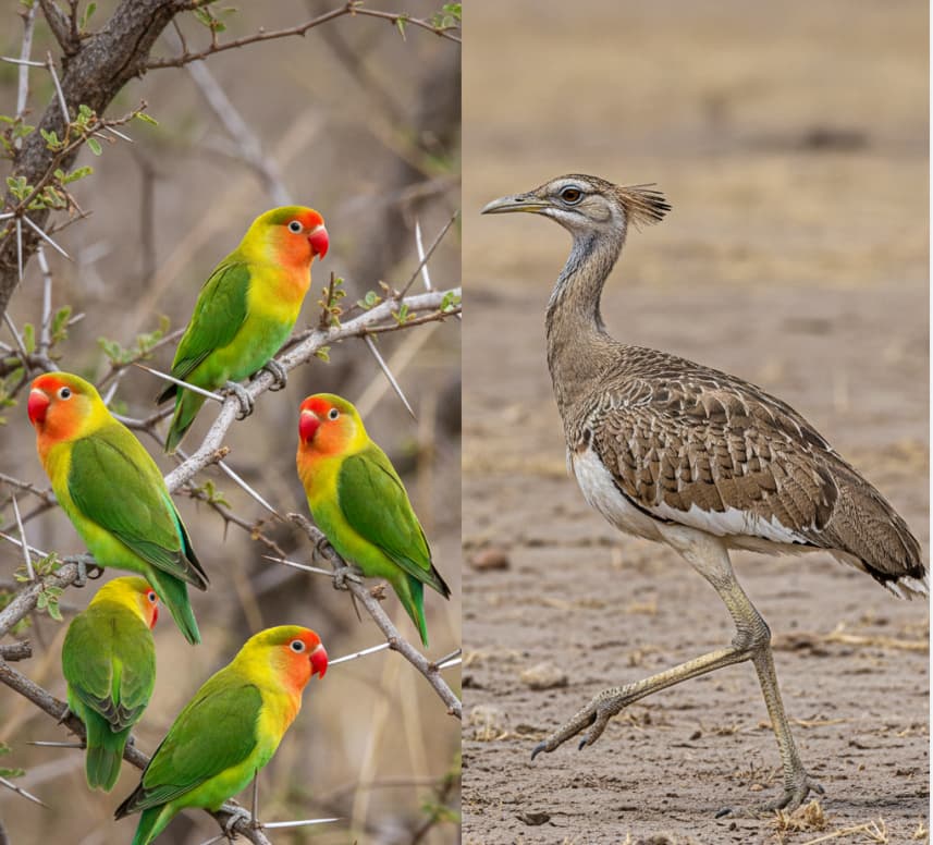 Yellow-collared lovebirds and a kori bustard in Tarangire National Park, Tanzania