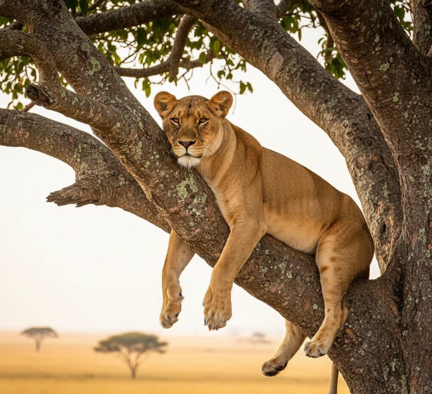 A rare tree-climbing lioness resting in a fig tree in the Ishasha sector of Queen Elizabeth National Park, a highlight of Uganda wildlife safaris.