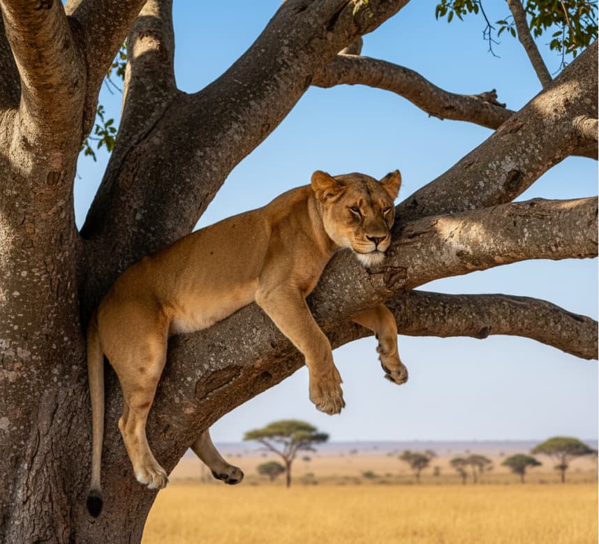 A rare tree-climbing lion resting on a large fig tree branch in the Ishasha sector of Queen Elizabeth National Park.