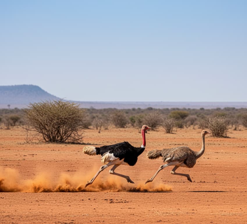 Maasai ostriches running across the red-soil plains of Tsavo East National Park, Kenya.