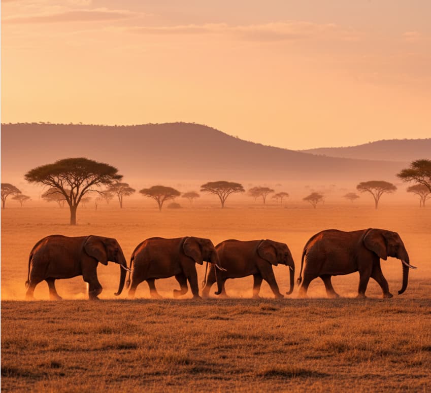 Red-dust elephants walking across the savannah plains of Tsavo East National Park, Kenya.