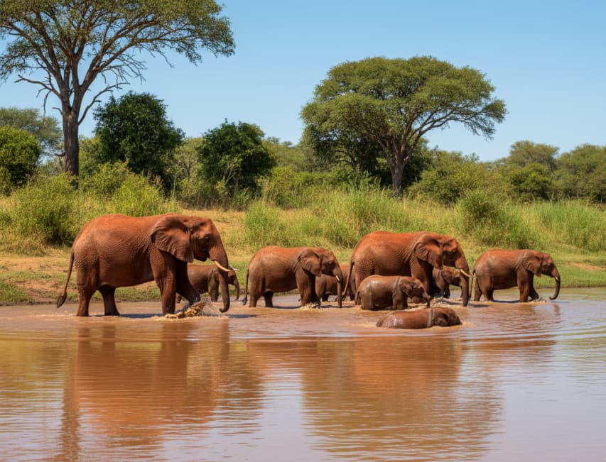 Red elephants crossing the Galana River in Tsavo East National Park, Kenya.