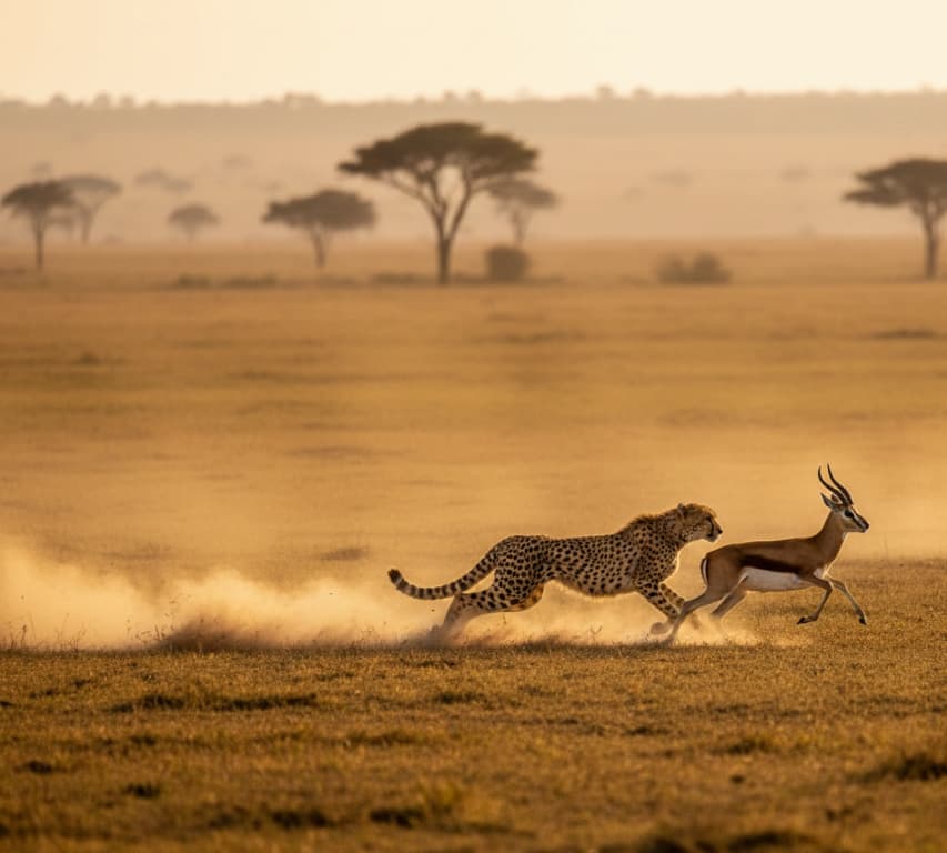 Cheetah sprinting to catch a Thomson’s gazelle in Tsavo West National Park, Kenya.