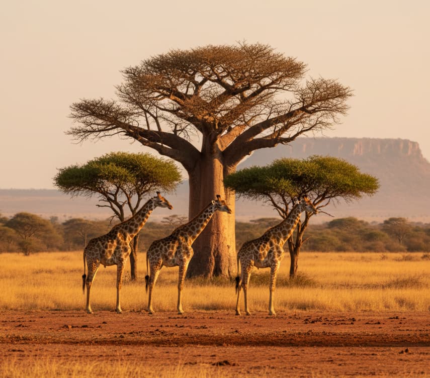 Giraffes browsing near a large baobab tree in Tsavo West National Park, Kenya.