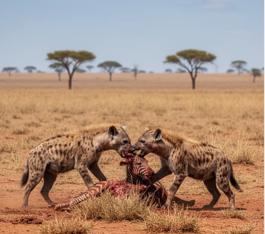 Two spotted hyenas fighting over prey in Tsavo West National Park, Kenya, on red earth plains.