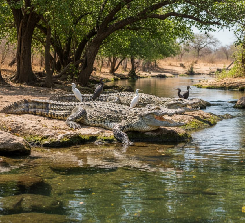 Crocodiles basking near the clear spring waters of Mzima Springs in Tsavo West National Park, Kenya.