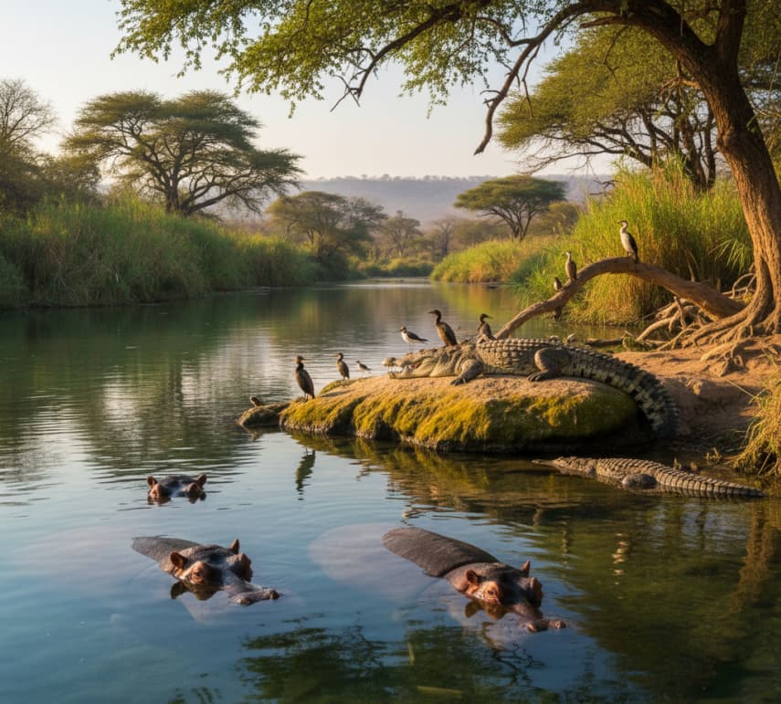 Hippos, crocodiles, and birdlife at Mzima Springs in Tsavo West National Park, Kenya.