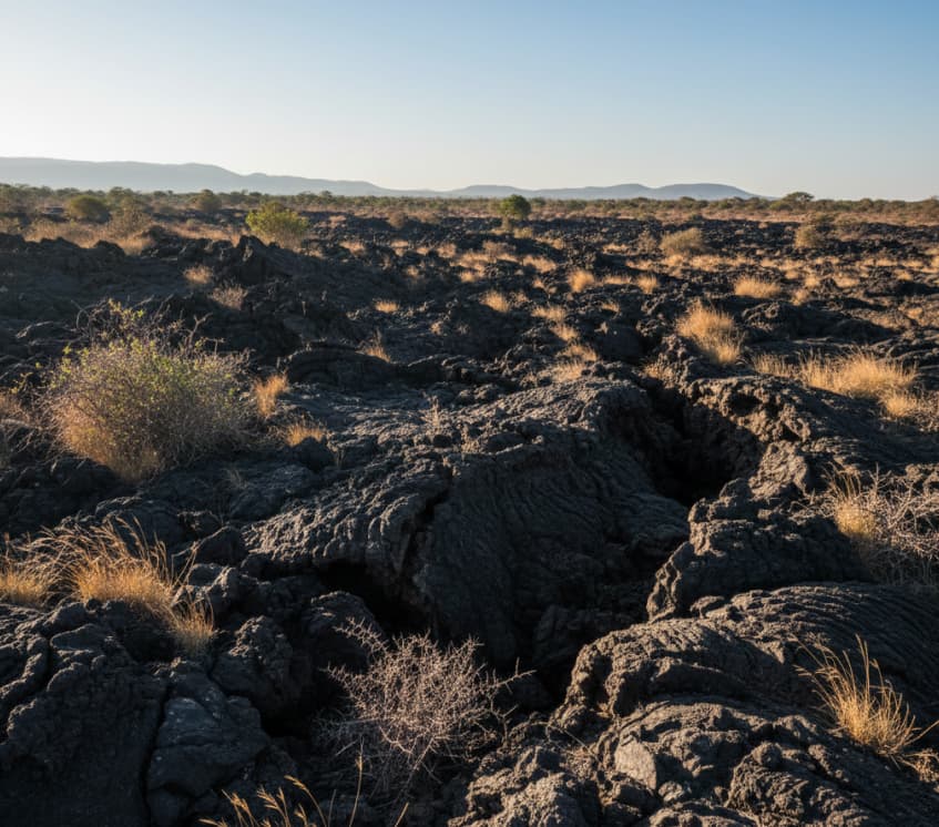 Shetani Lava Flow volcanic landscape in Tsavo West National Park, Kenya.