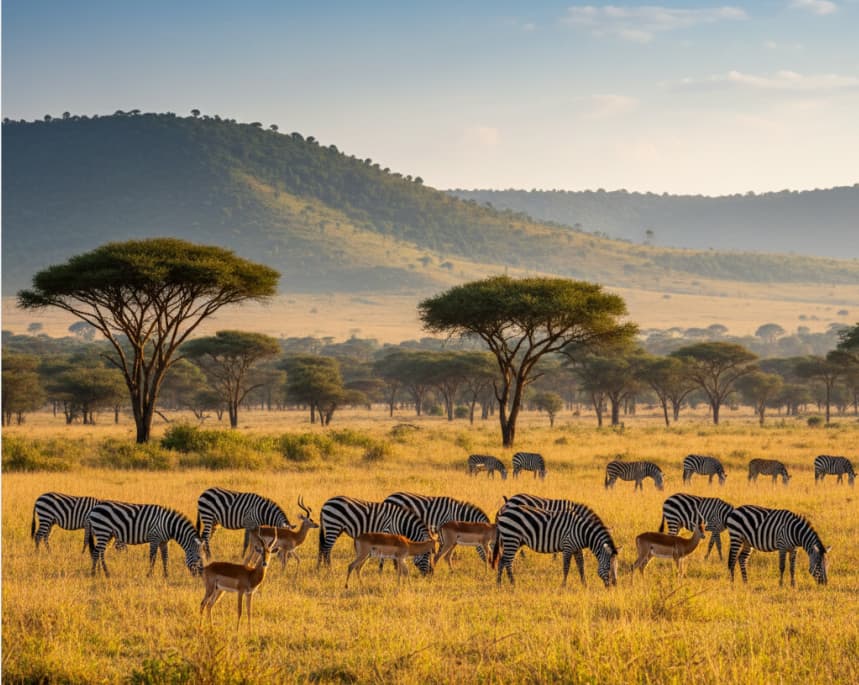 Zebras and impalas grazing in the acacia woodlands of Lake Mburo National Park, Uganda’s premier savannah destination for herbivores.