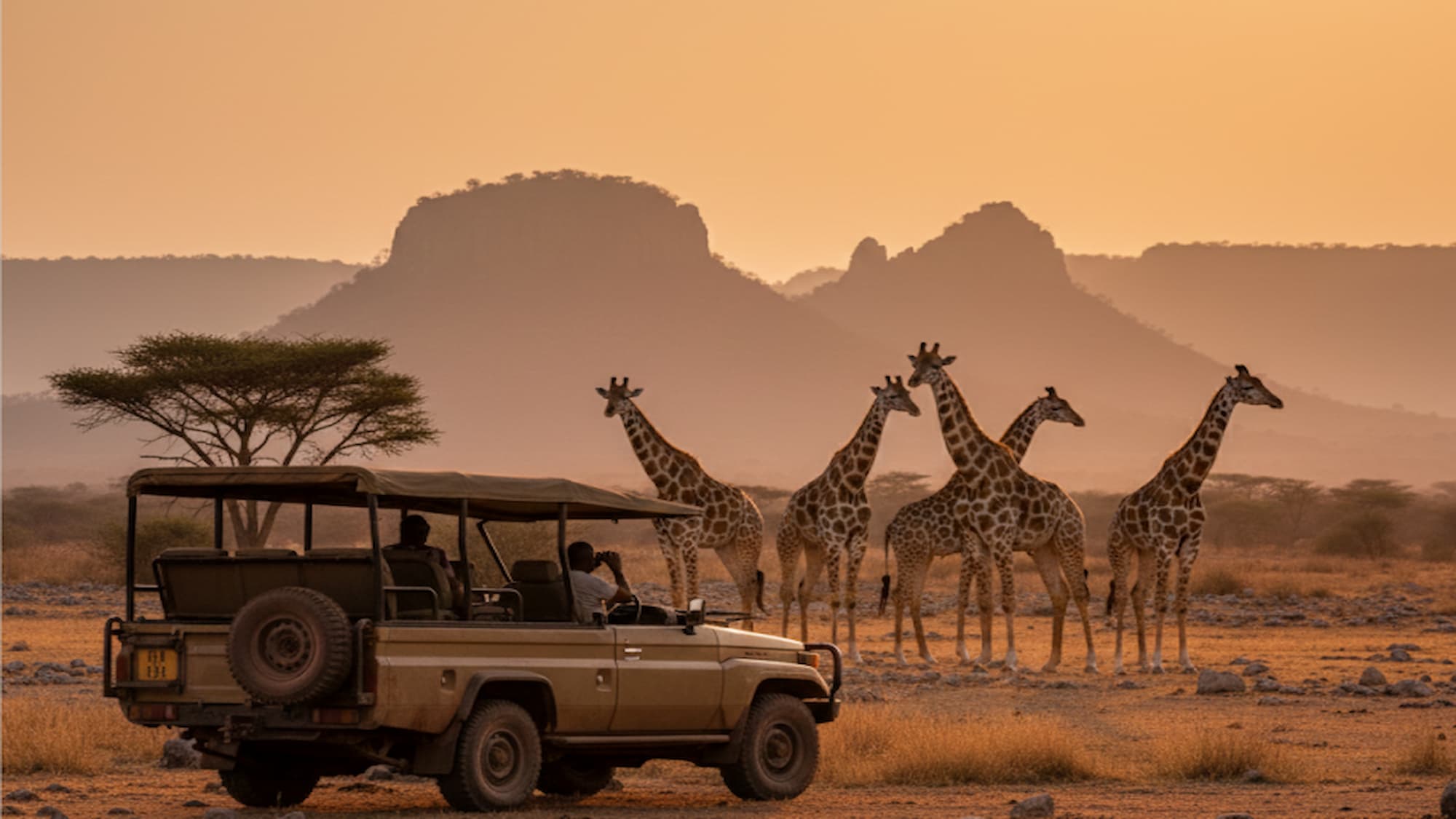 Safari Land Cruiser viewing reticulated giraffes in Samburu during golden hour