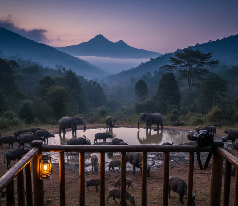 Elephants and buffalo at a waterhole viewed from an Aberdare lodge deck