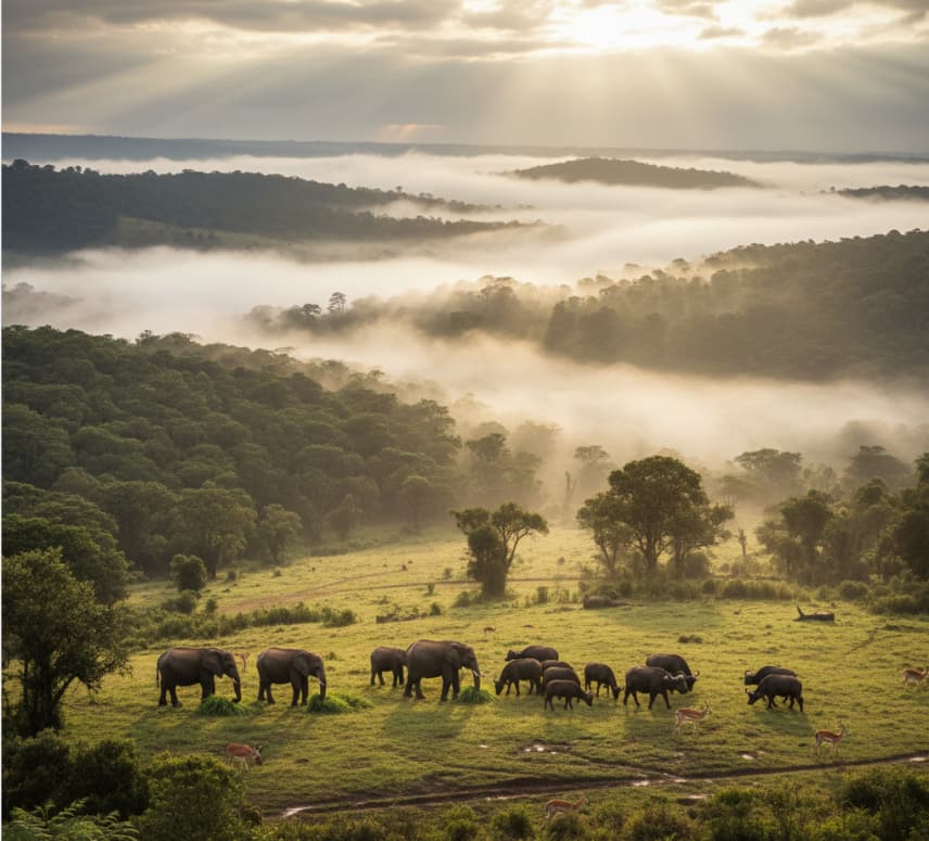 Elephants, buffaloes, and antelopes grazing in Aberdares National Park, Kenya, from an elevated viewpoint.