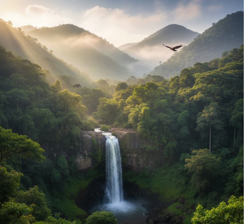 Lush forest and waterfall with wildlife in Aberdares National Park, Kenya.