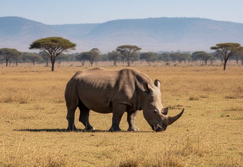 White rhino grazing in the grasslands of Lake Nakuru National Park, Kenya.