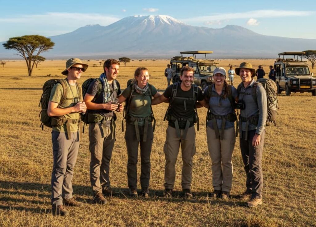 Group of backpackers and budget tourists enjoying Amboseli National Park with Mount Kenya in the background.