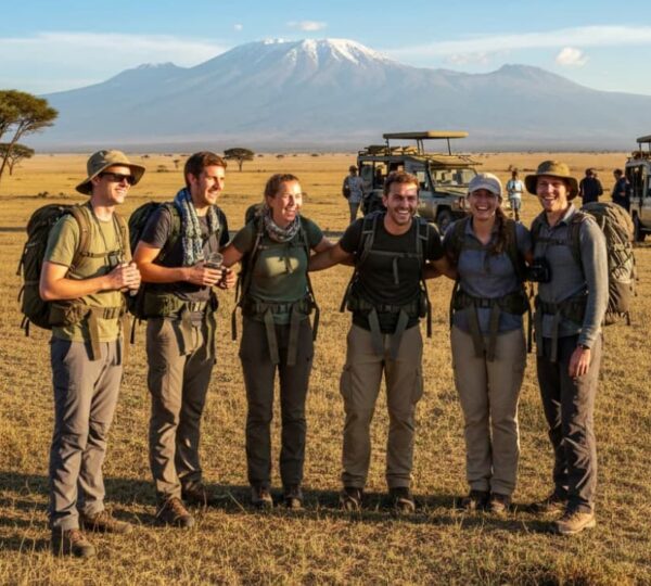 Group of backpackers and budget tourists enjoying Amboseli National Park with Mount Kenya in the background.