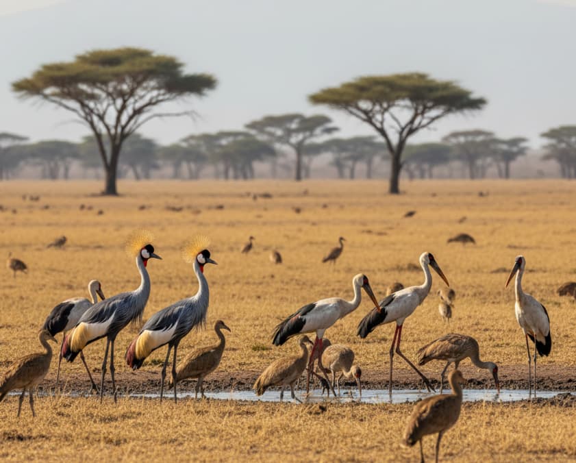 Birds feeding and resting in the savannah of Amboseli National Park.