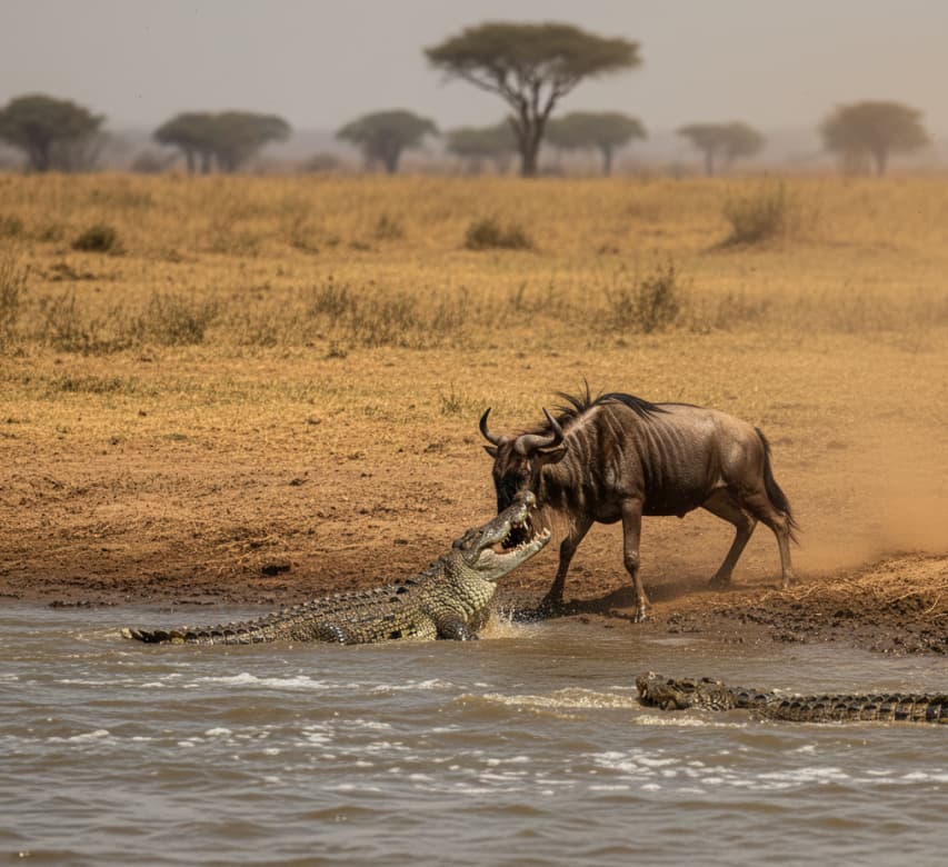 Crocodiles lurking near the water as a wildebeest struggles to escape in Amboseli.