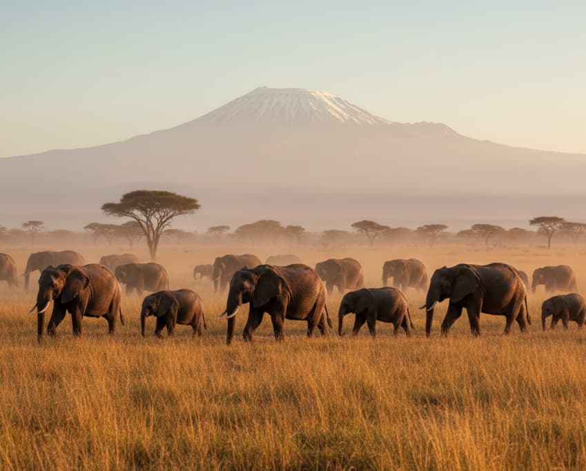 Herd of elephants in Amboseli National Park with Mount Kilimanjaro in the background.