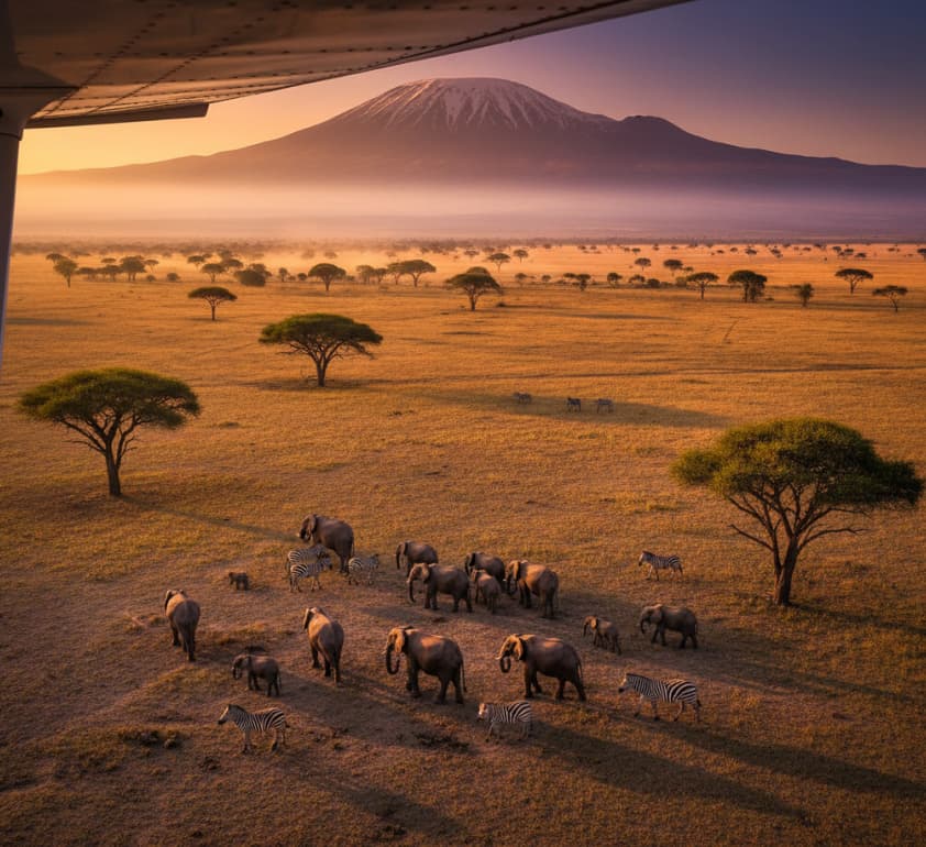 3 Days Amboseli Safari Flying Packages 4 Aerial view from a small aircraft over Amboseli National Park with elephants, zebras, and Mount Kilimanjaro