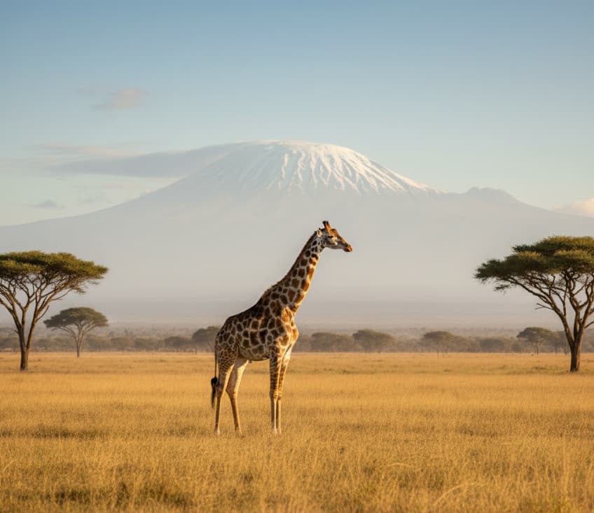 Maasai giraffe standing on the Amboseli plains with Mount Kilimanjaro behind it.