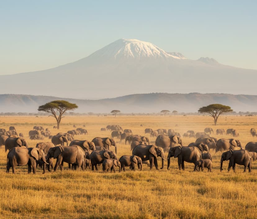 Herd of elephants grazing in Amboseli National Park with Mount Kilimanjaro in the background, Kenya.