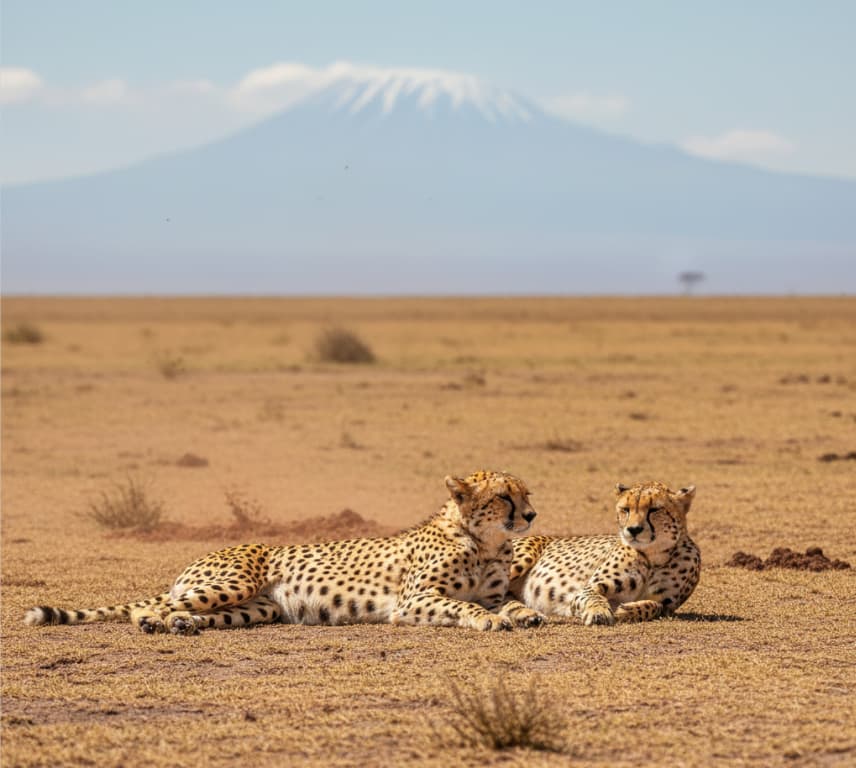 Cheetahs resting on the open plains of Amboseli National Park, Kenya.