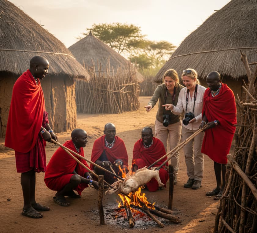 3 Days Amboseli Safari Flying Packages 2 Maasai men roasting a goat in a manyatta compound with two tourists watching in Amboseli National Park