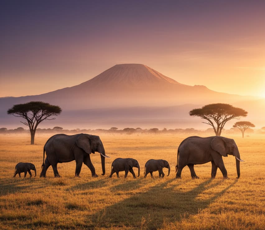 3 Days Amboseli Safari Flying Packages 1 Sunrise over Mount Kilimanjaro with elephants walking across Amboseli National Park plains