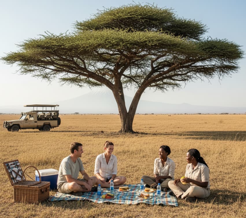 Tourists enjoying a picnic lunch under an acacia tree inside Amboseli National Park.