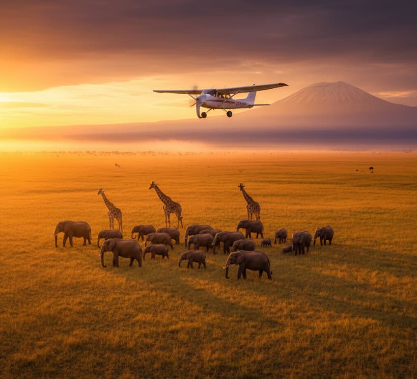 3 Days Amboseli Safari Flying Packages 5 Sunset view of Amboseli National Park with elephants and giraffes, a smal aircraft flying above the animals