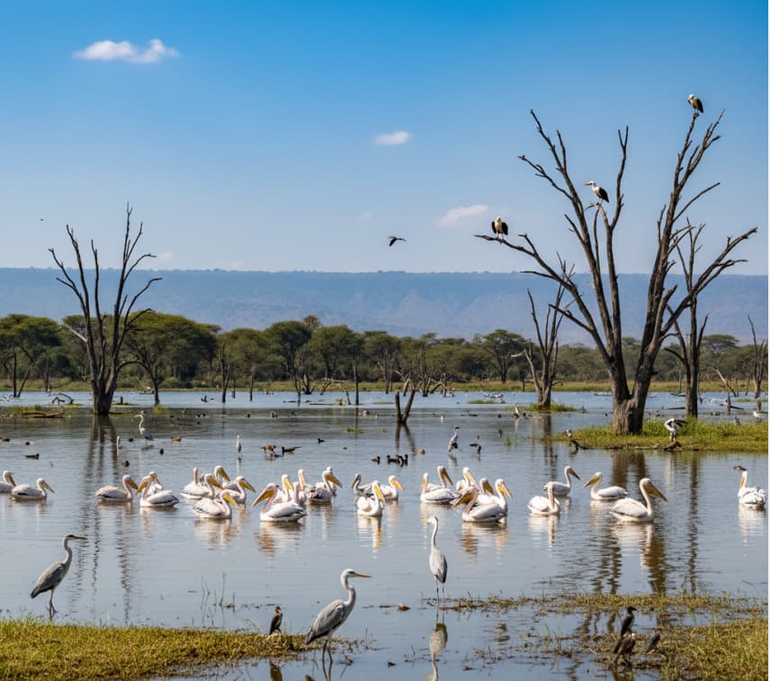 Natural midday scene of various water birds, including pelicans and cormorants, resting and feeding on the calm waters of Lake Naivasha, Kenya, showcasing the peaceful Rift Valley environment.
