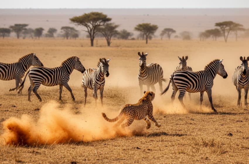 High-action wildlife photo capturing a cheetah in a full sprint pursuing a zebra within a fleeing herd across the dusty African savannah, showcasing the speed of the world's fastest land animal on safari.