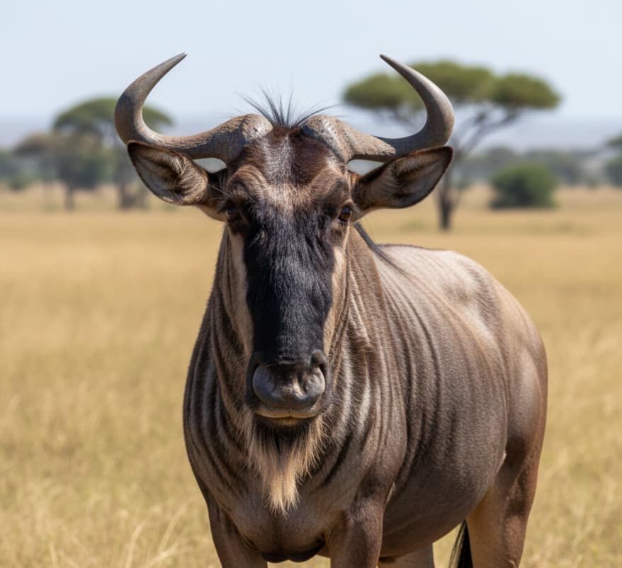3 Days Masai Mara Flying Package 1 High-resolution close-up portrait of a wildebeest standing on the dry African savannah during midday, captured on a safari in the Masai Mara National Reserve.