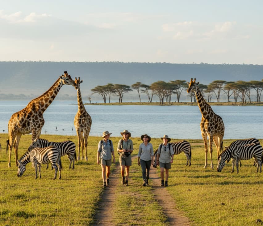Tourists walking among giraffes during a guided safari on Crescent Island