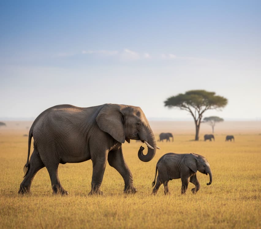 Elephant family walking across the Masai Mara plains during a morning wildlife safari