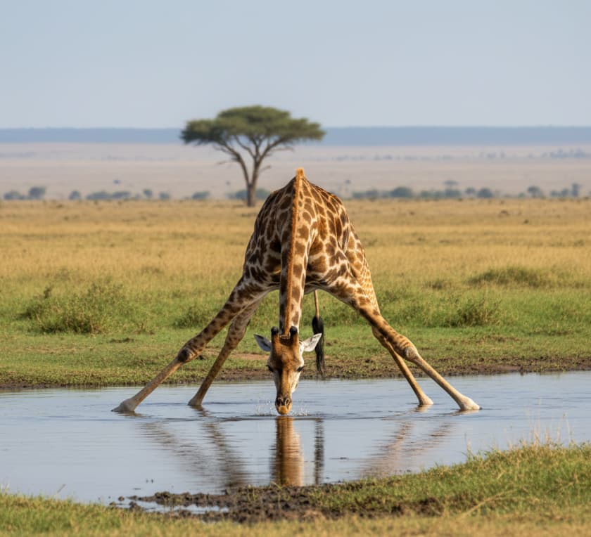 Giraffe drinking water at the Mara River in Masai Mara