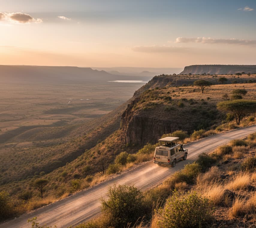 Tour vehicle driving along the Great Rift Valley escarpment on the return to Nairobi.
