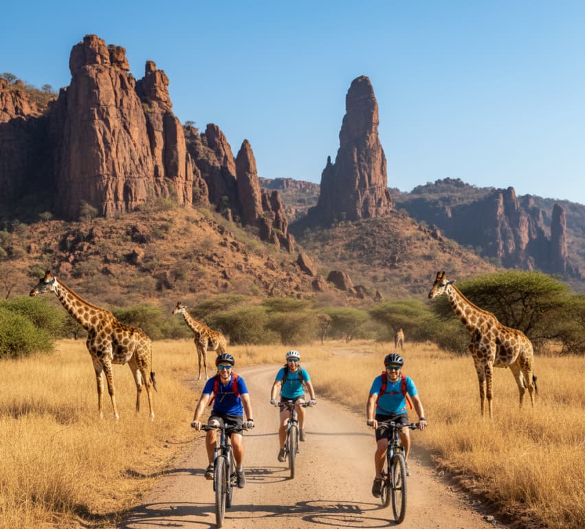 Tourists cycling through Hell’s Gate National Park among giraffes and cliffs