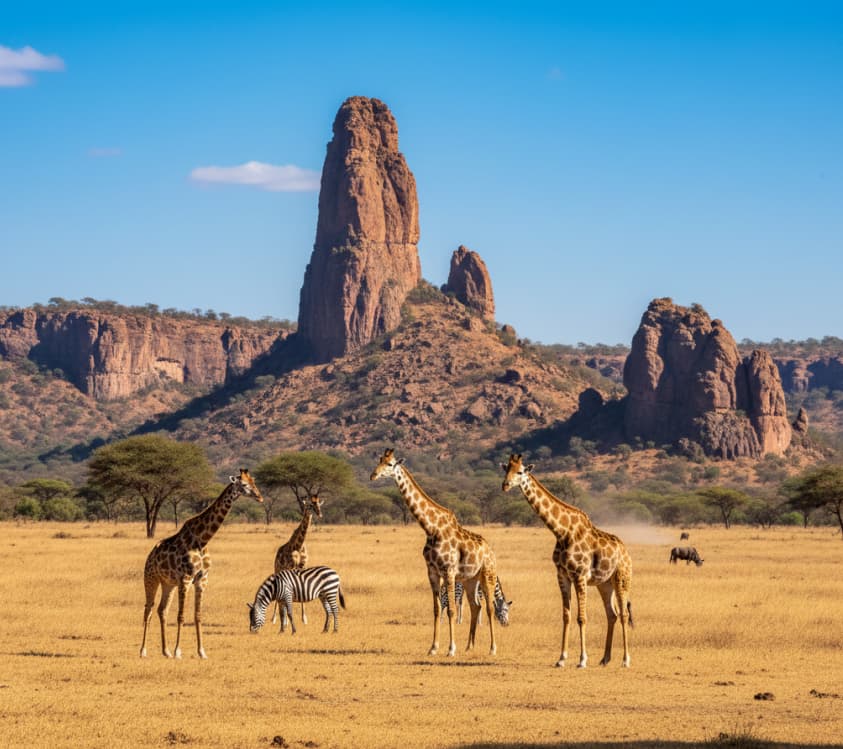 Giraffes and zebras with Fischer’s Tower rock formation at Hell’s Gate