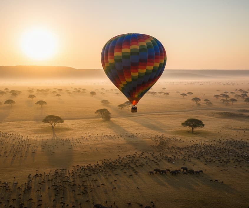 3 Days Masai Mara Flying Package 2 Hot air balloon floating at sunrise above the Masai Mara plains with wildlife below.
