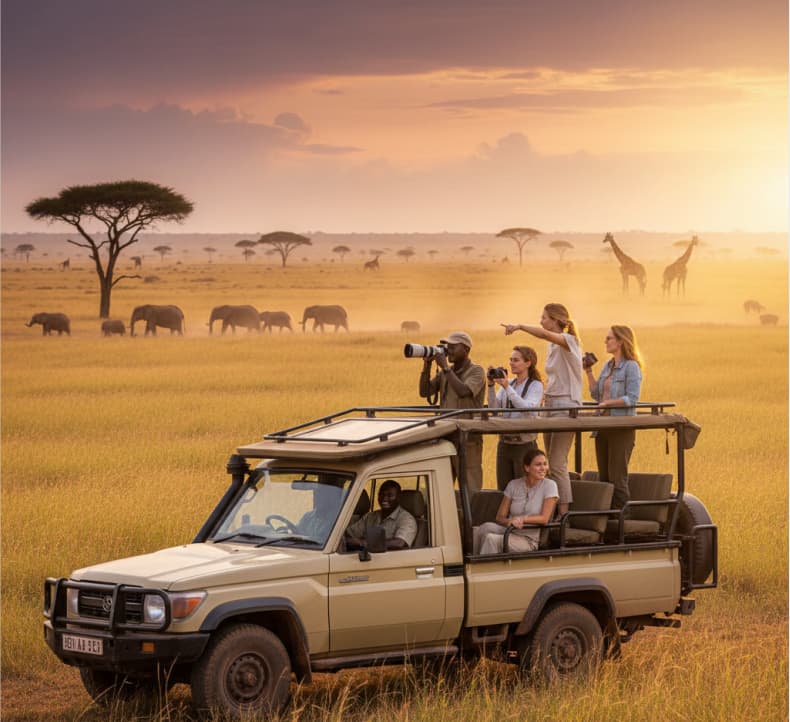 Guests viewing wildlife from an open-roof 4x4 safari Land Cruiser in Kenya