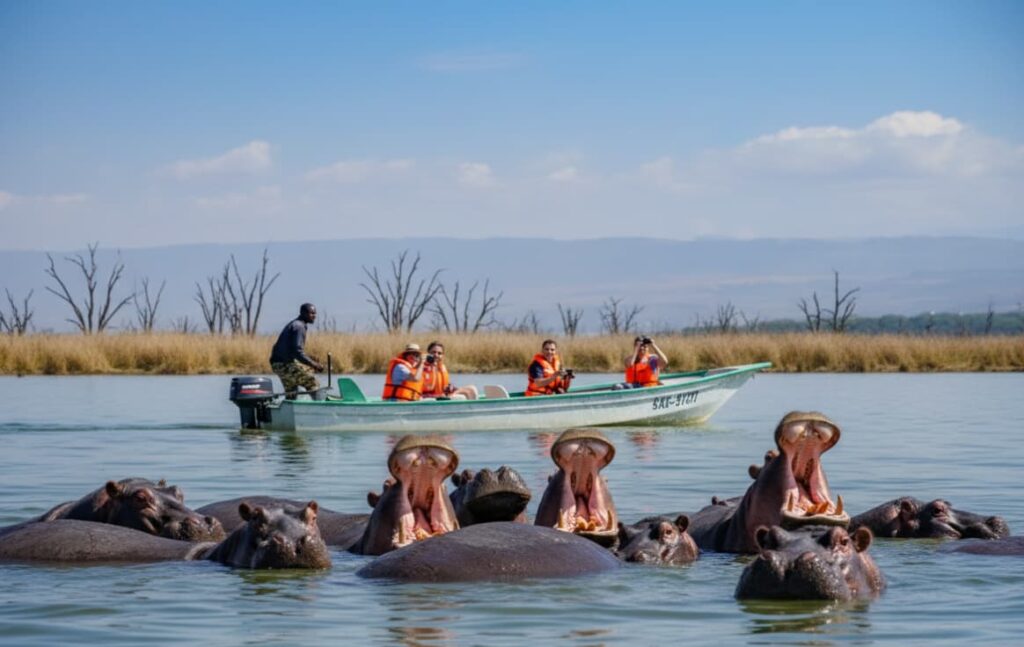 Tourists on a Lake Naivasha boat ride viewing hippos and acacia trees.
