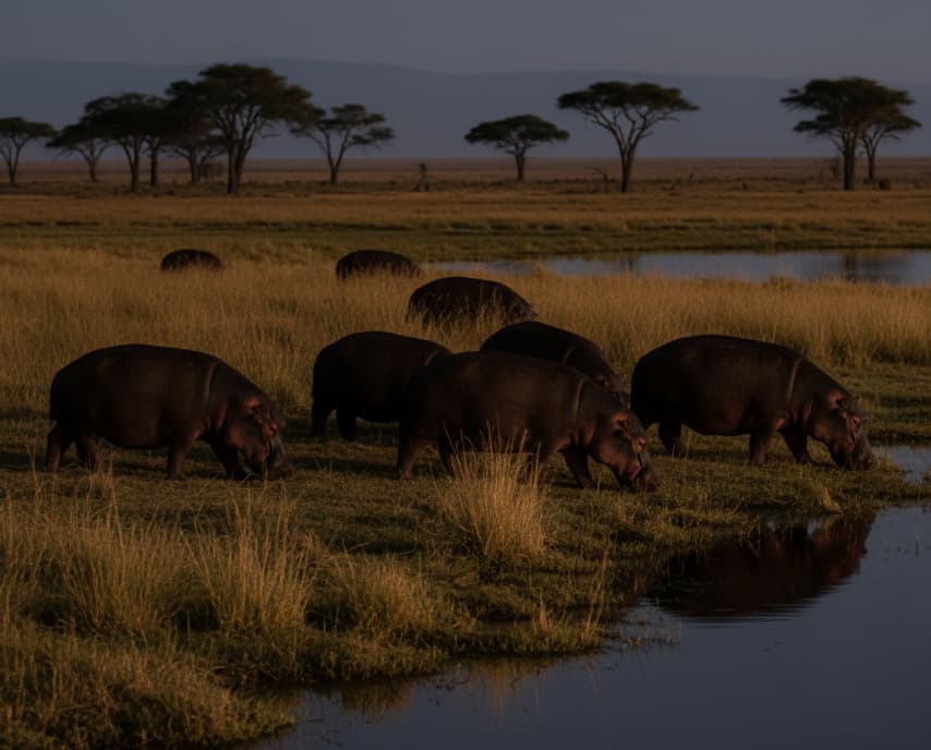 Hippos walking and grazing at night near Lake Naivasha.