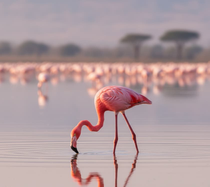 Close-up of a flamingo standing in shallow water at Lake Nakuru.