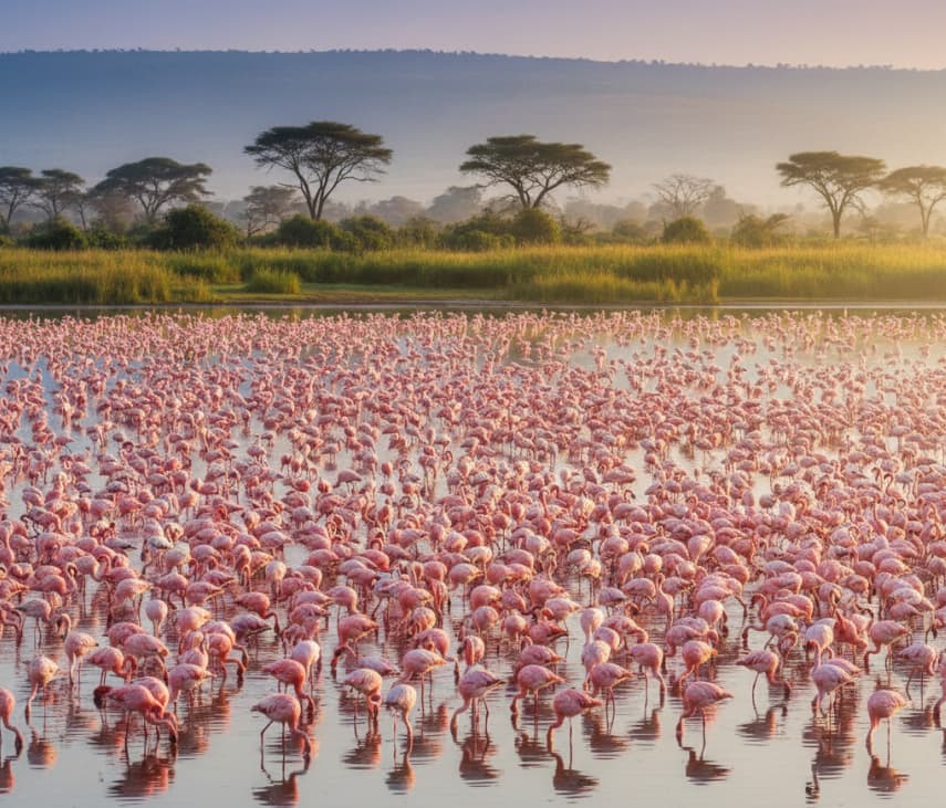 Flock of pink flamingos on Lake Nakuru, Kenya.