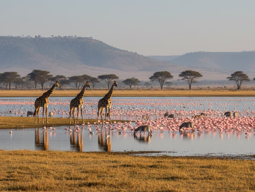 Giraffes and zebras grazing near Lake Nakuru with flamingos in the background.